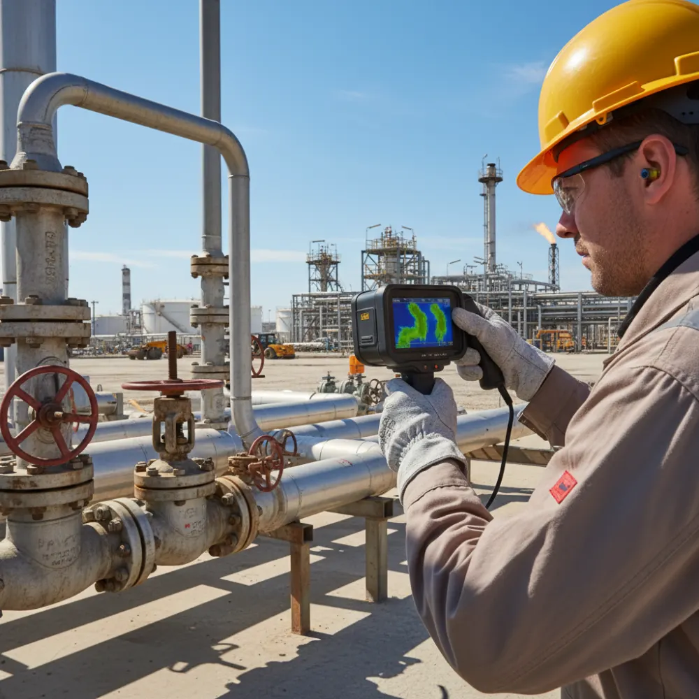 Operatore utilizza una termocamera OGI su tubazioni di un impianto oil and gas