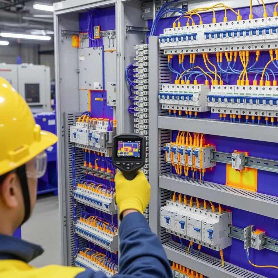 Tecnico esegue una scansione termografica su un quadro elettrico aperto