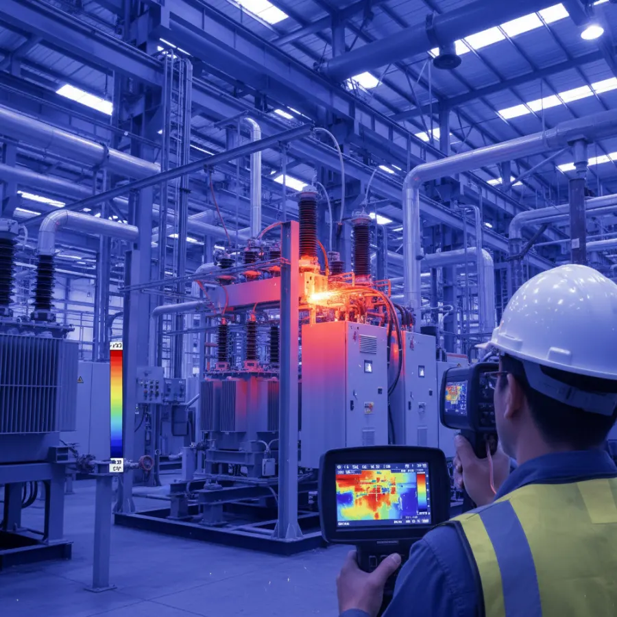 Operatore Pegasus Services esegue un'ispezione termografica su un trasformatore in cabina elettrica