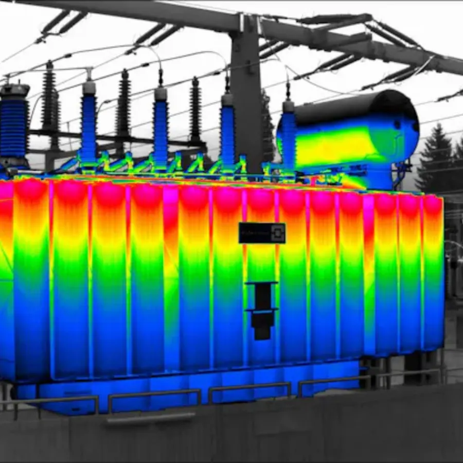 Termogramma di un trasformatore di potenza con radiatori in scala cromatica